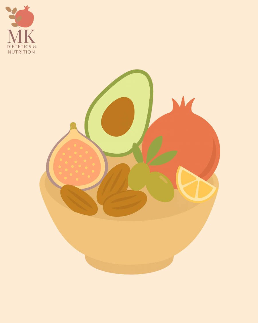 Balanced nutrition illustration with avocado, pomegranate and nuts